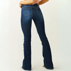 Dark blue denim flared pants with mid-high rise, five-pocket design and zip fly