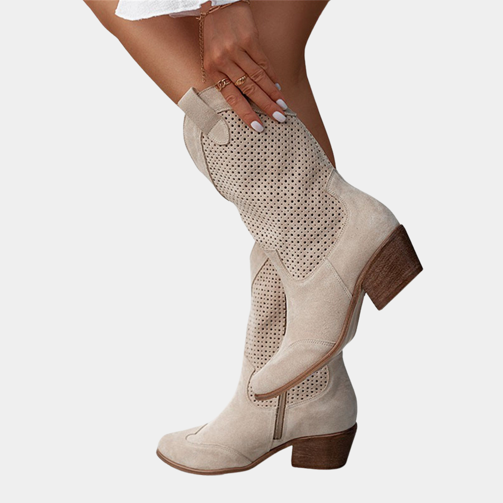 Women’s western cowboy boots, light beige suede with perforated uppers and mid block heel