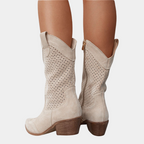 Women’s western cowboy boots, light beige mid-calf with perforated details and block heel