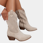 Women’s western cowboy boots, light beige with perforated sides, mid-calf shaft, chunky heel