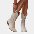 Women’s western cowboy boots in light beige suede, perforated shaft, mid-calf chunky heel