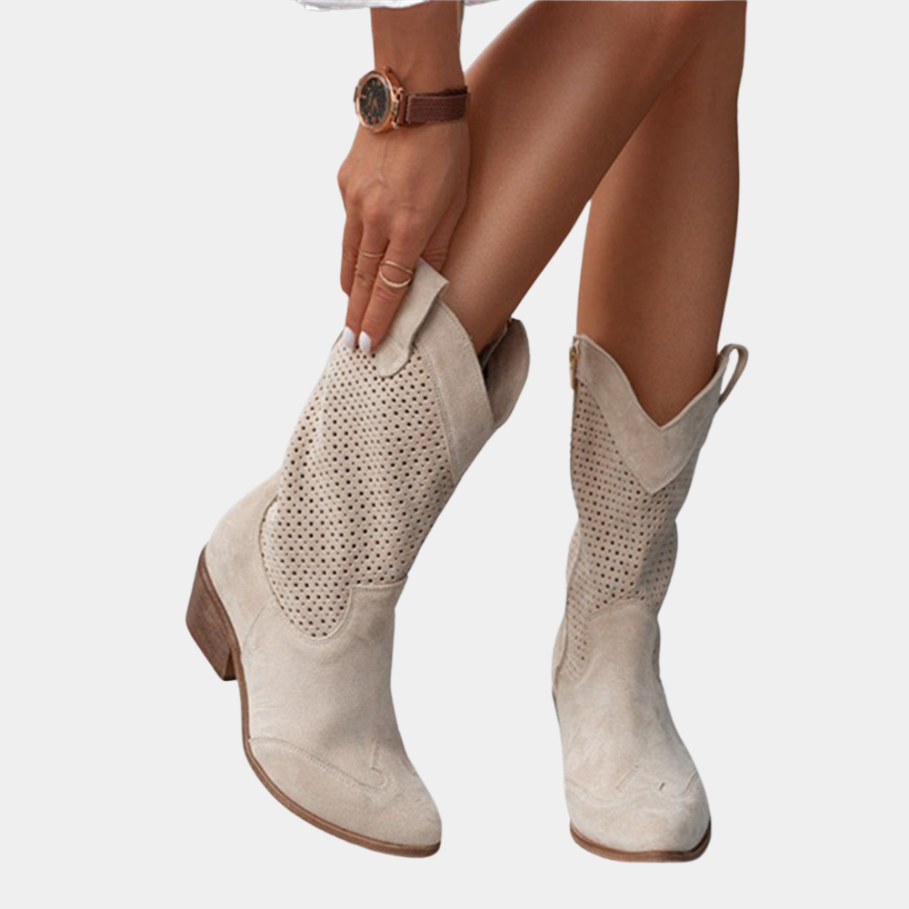 Women’s western cowboy boots in light beige suede, perforated shaft, mid-calf chunky heel
