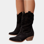 Women’s western cowboy boots, black suede with perforated sides and chunky block heel
