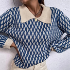 Blue knitted sweater with cream wide collar, button detail, long sleeves