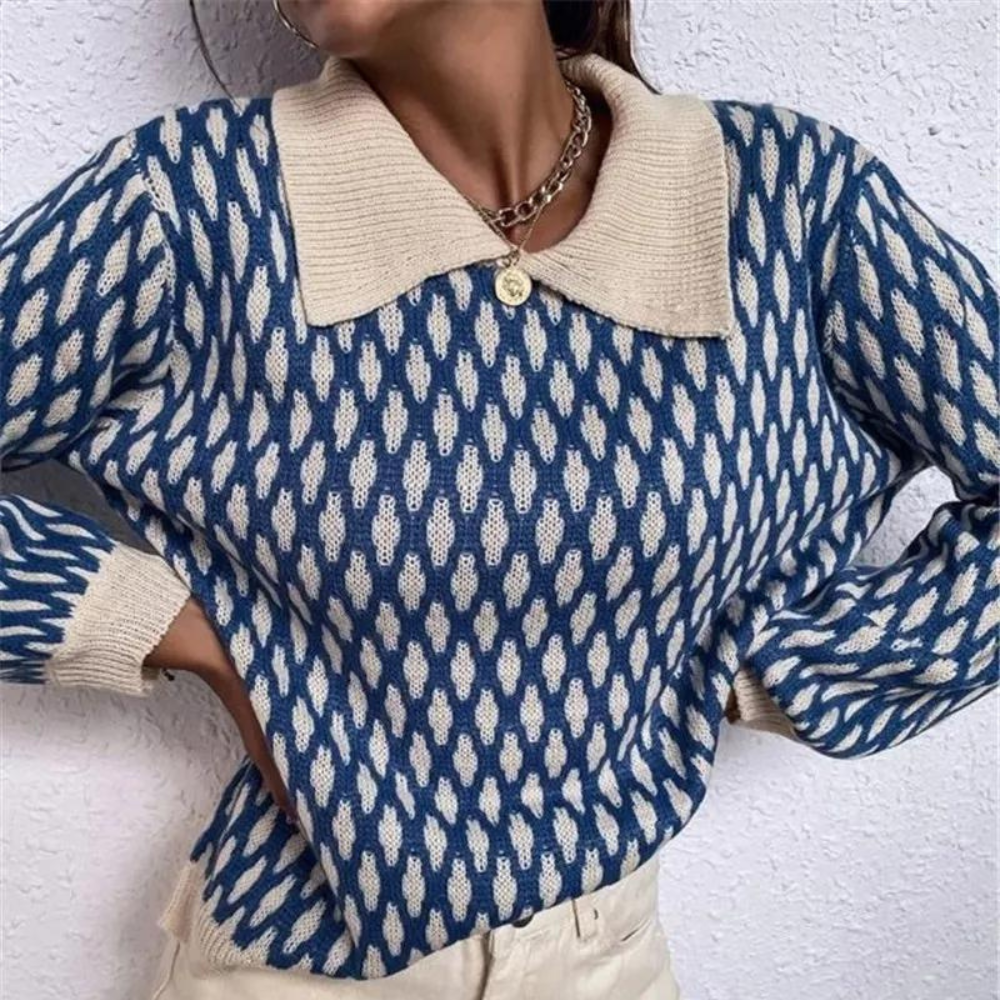 Blue knitted sweater with cream wide collar, button detail, long sleeves