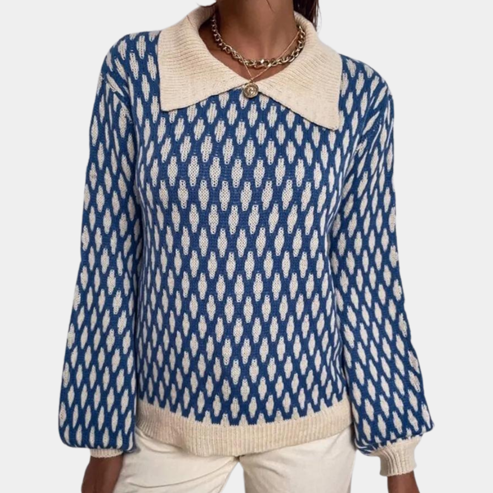 Blue patterned knit sweater with cream collar, button placket, ribbed cuffs