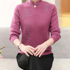Alfhild mauve knit sweater with high collar, studded floral pattern, button