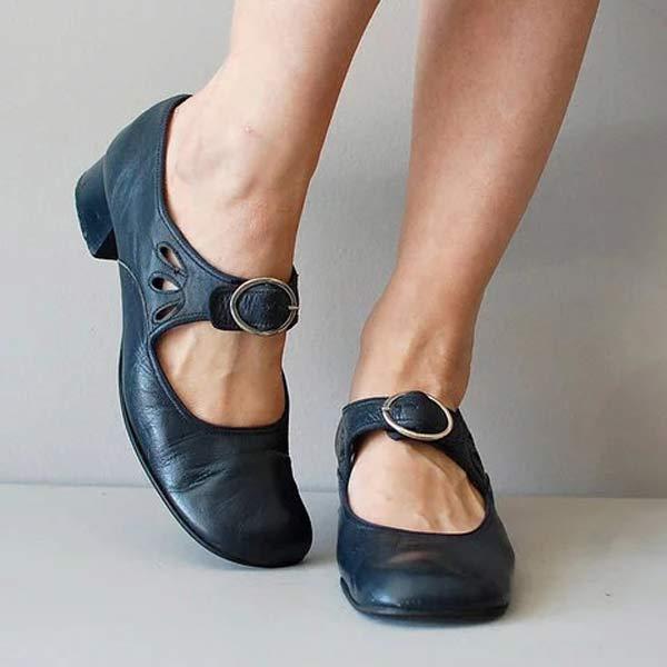 Dark blue Mary Jane shoes with adjustable buckle strap, mary-jane cutout