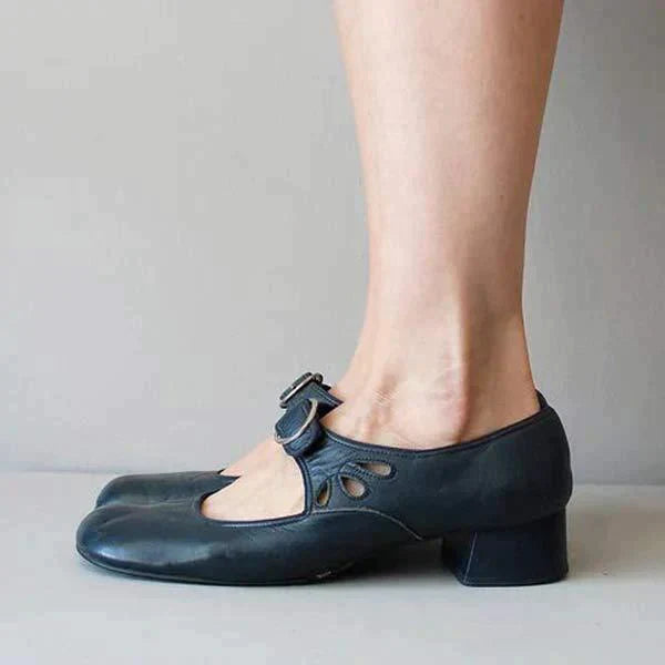 Navy Mary Jane shoes with adjustable buckle strap and chunky heel