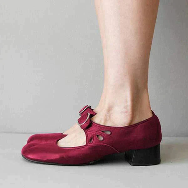 Red Mary Jane shoes with adjustable buckle strap and chunky heel