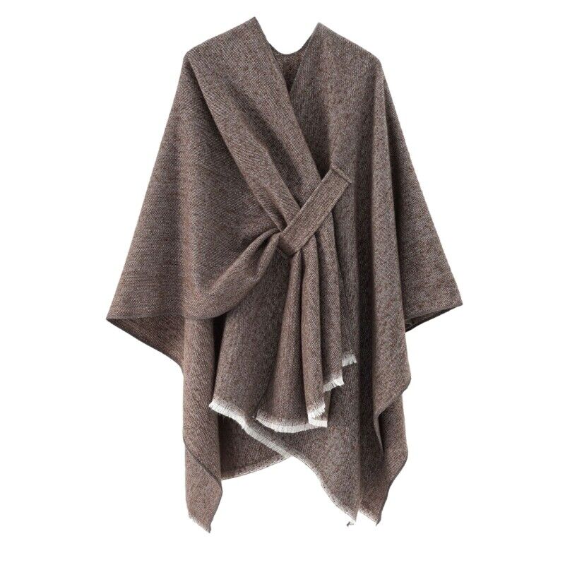 Cashmere poncho in brown heather, draped with V neckline and center front tie detail