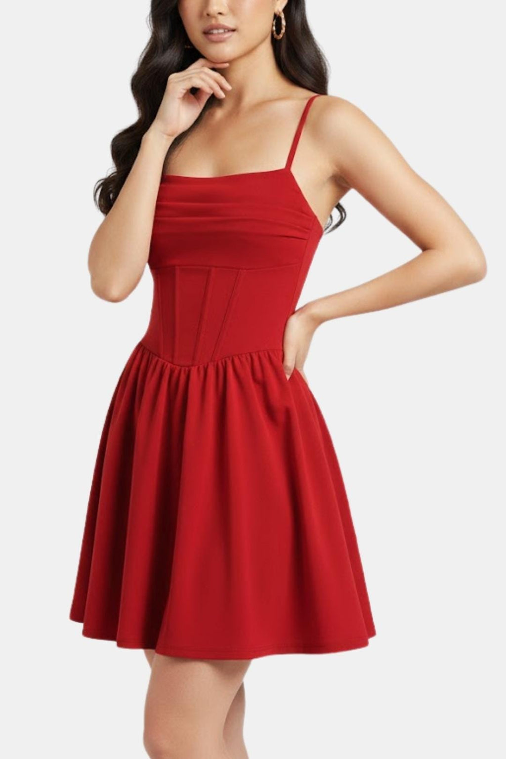 Ruched mini dress with spaghetti straps, flared skirt, red