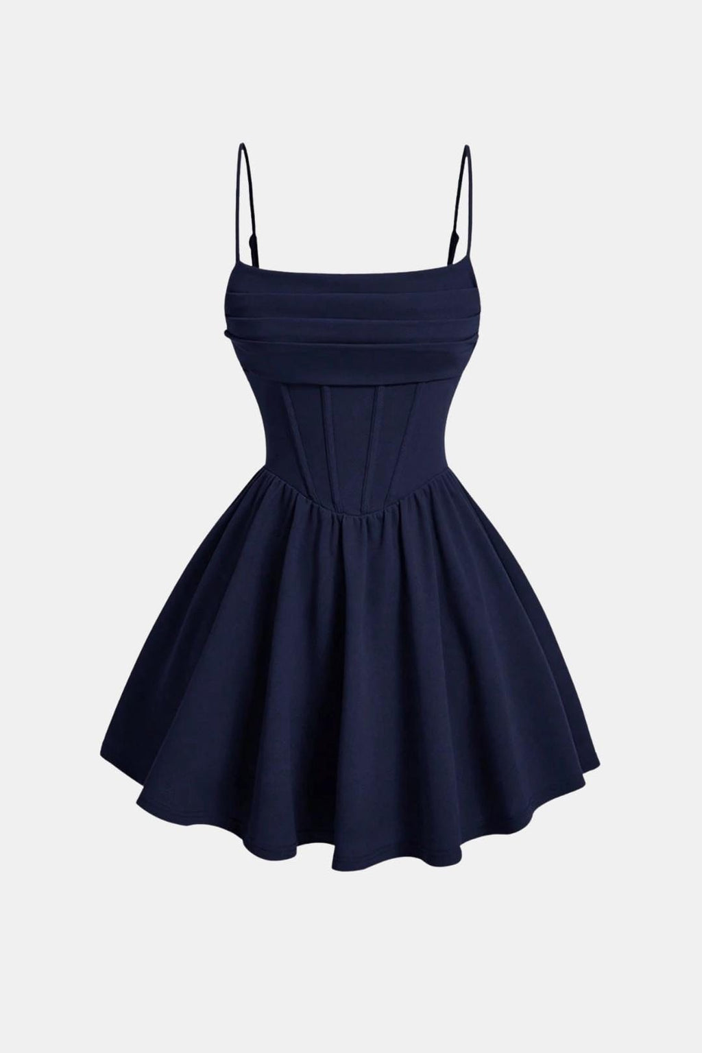 Ruched mini dress with spaghetti straps and flared skirt, navy blue