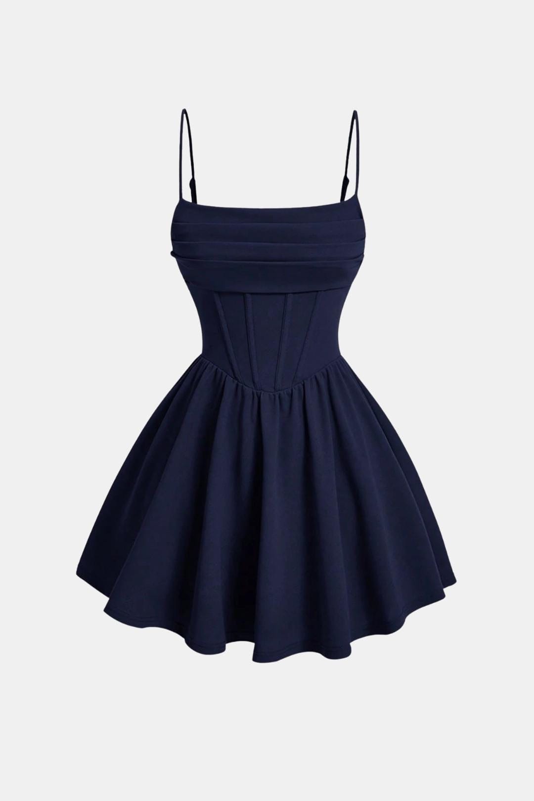 Ruched mini dress with spaghetti straps and flared skirt, navy blue