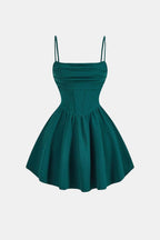 Ruched mini dress with spaghetti straps, flared skirt, dark green