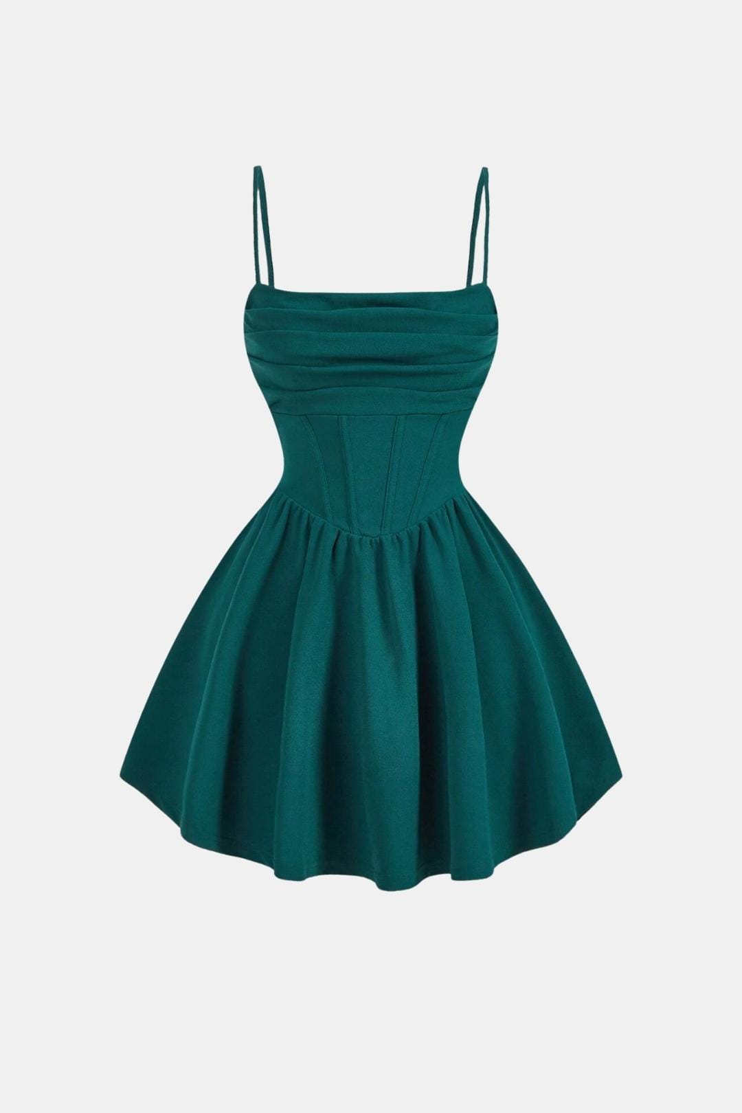 Ruched mini dress with spaghetti straps, flared skirt, dark green