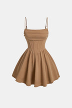 Ruched mini dress with spaghetti straps, flared skirt, khaki