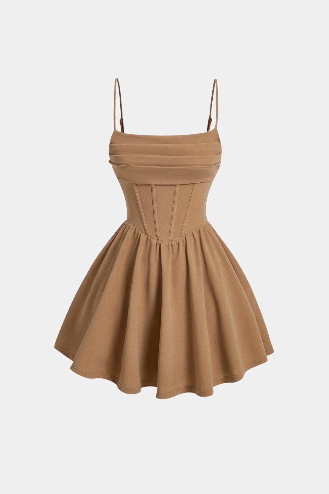 Ruched mini dress with spaghetti straps, flared skirt, khaki