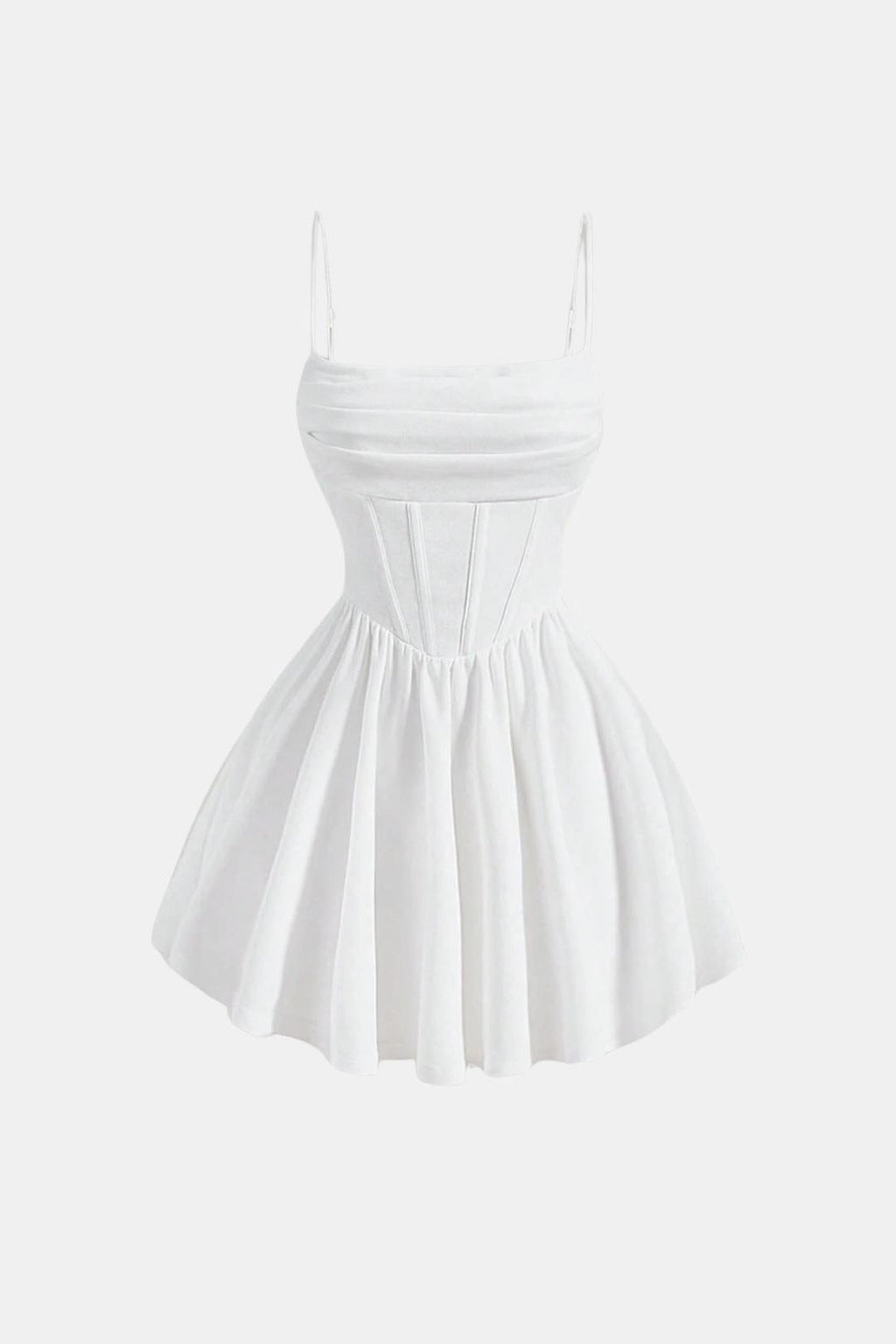 Ruched mini dress with spaghetti straps, flared skirt, white
