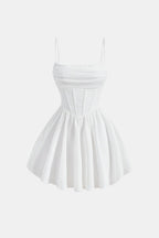 Ruched mini dress with spaghetti straps, flared skirt, white