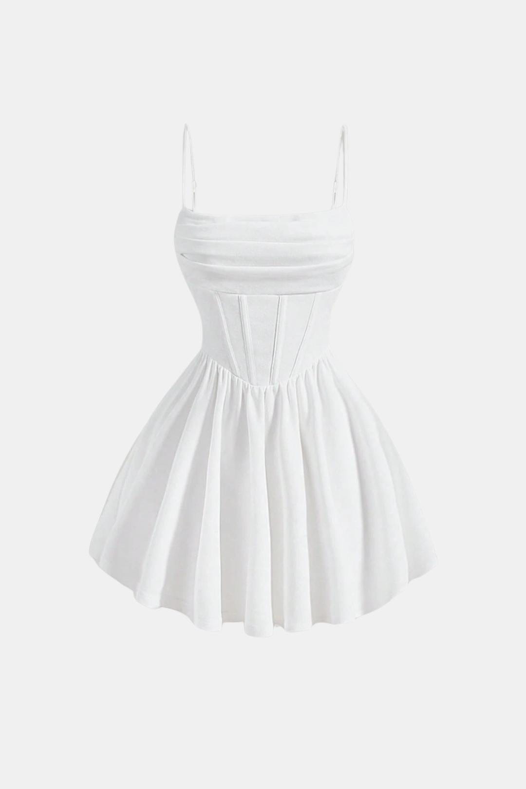 Ruched mini dress with spaghetti straps, flared skirt, white