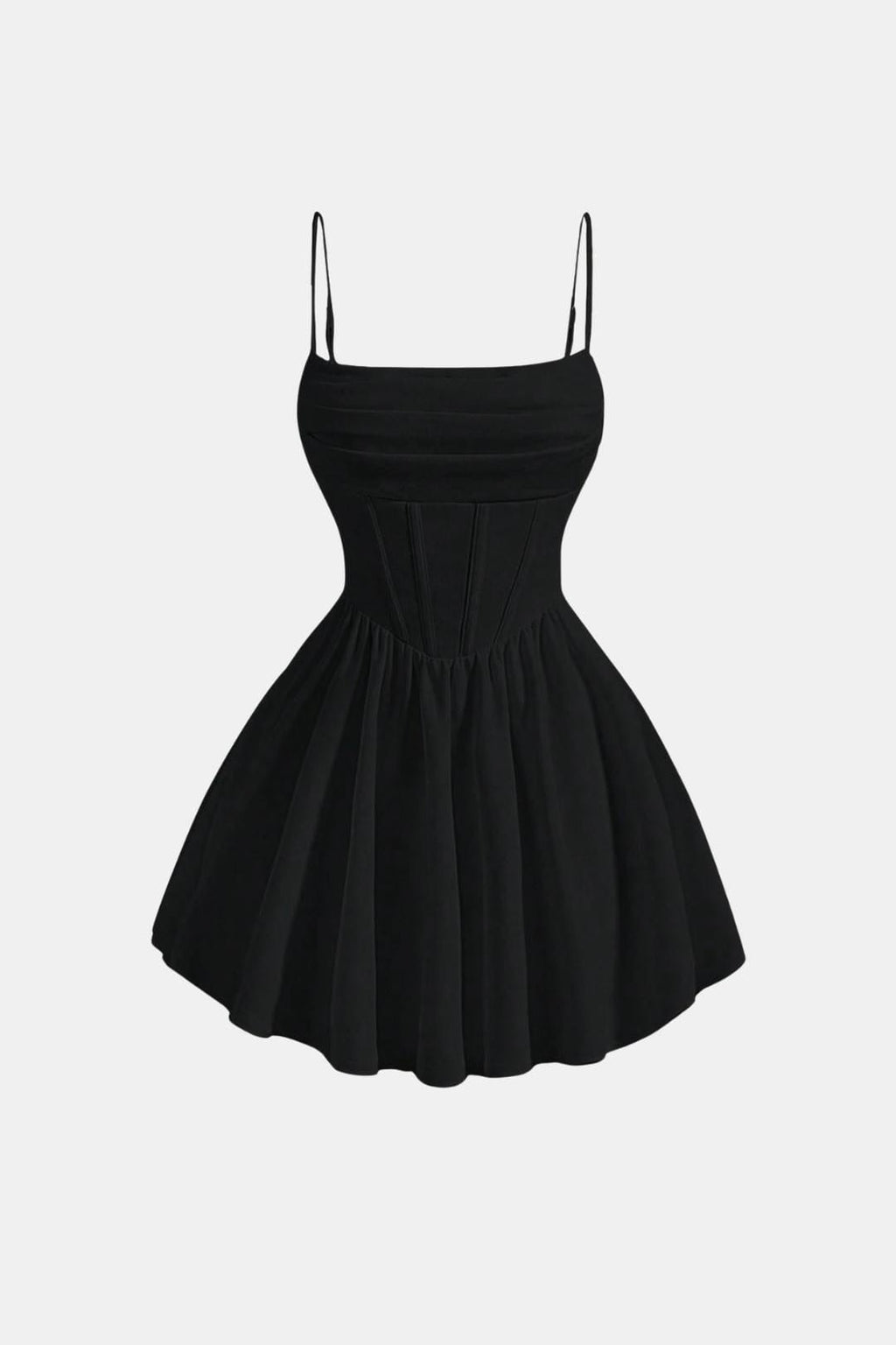 Ruched mini dress with spaghetti straps, flared skirt, black