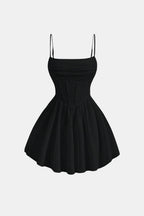 Ruched mini dress with spaghetti straps, flared skirt, black