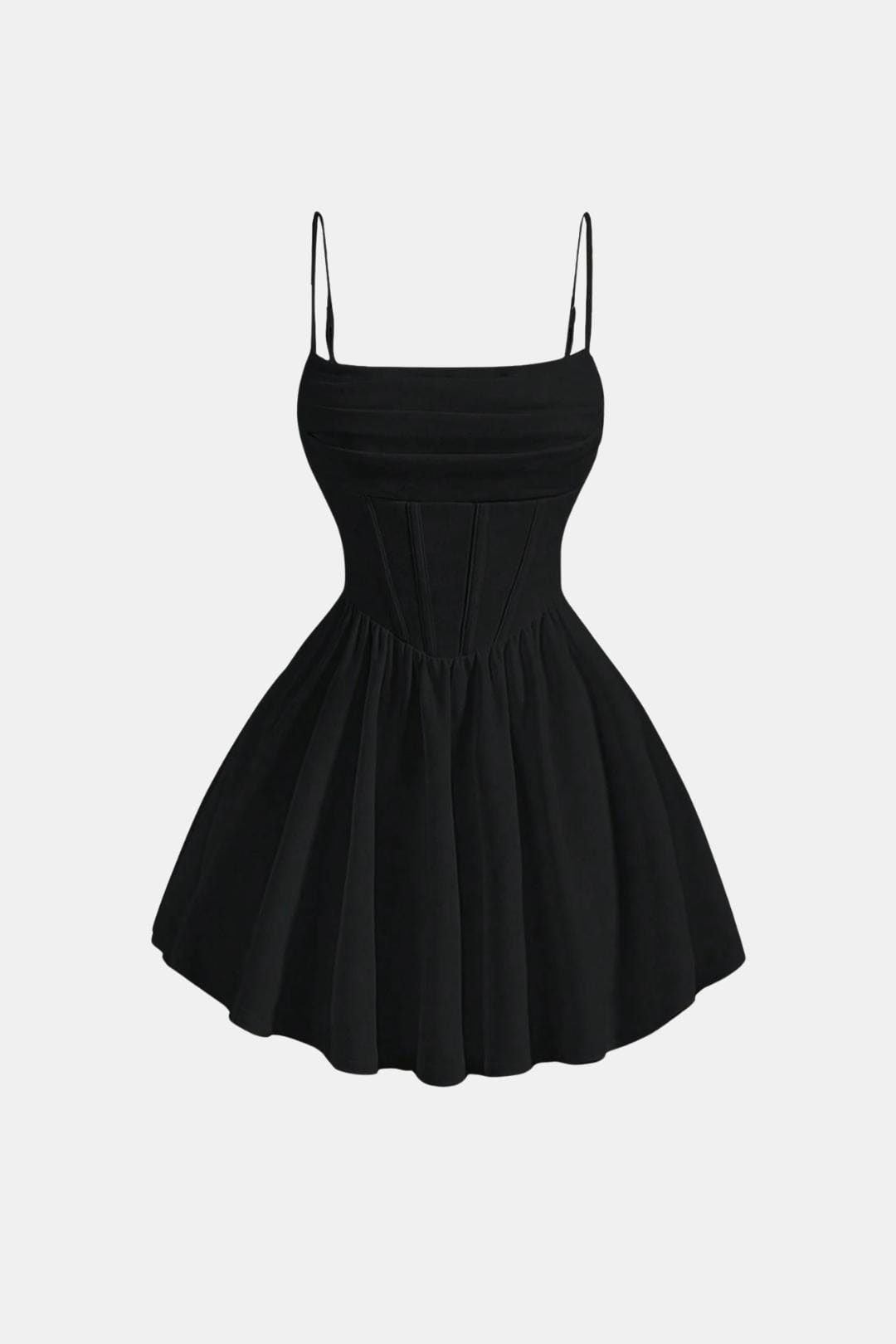 Ruched mini dress with spaghetti straps, flared skirt, black