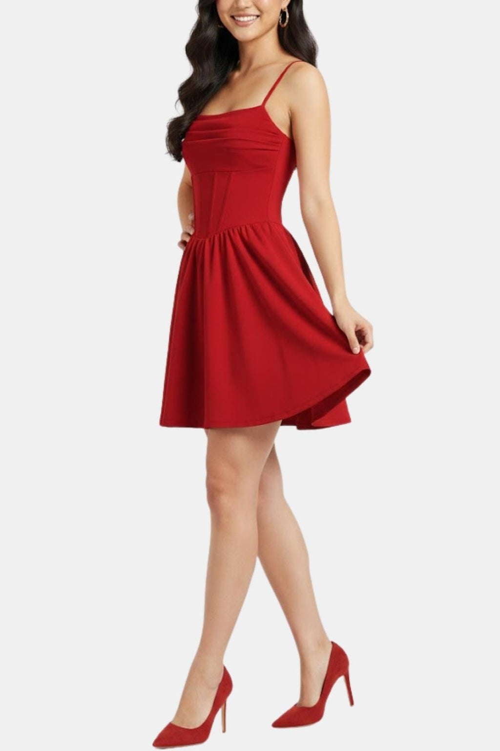 Ruched mini dress with flared skirt and spaghetti straps, deep red