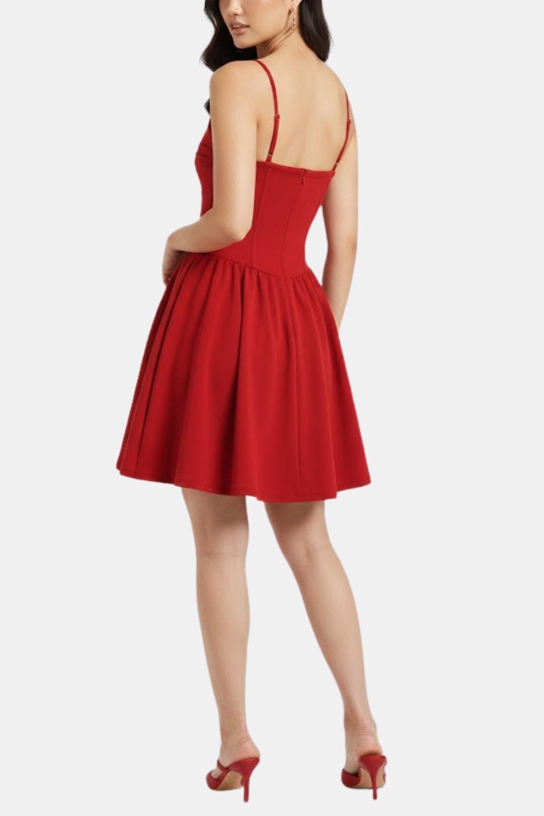 Back of ruched mini dress with spaghetti straps and flared skirt, red