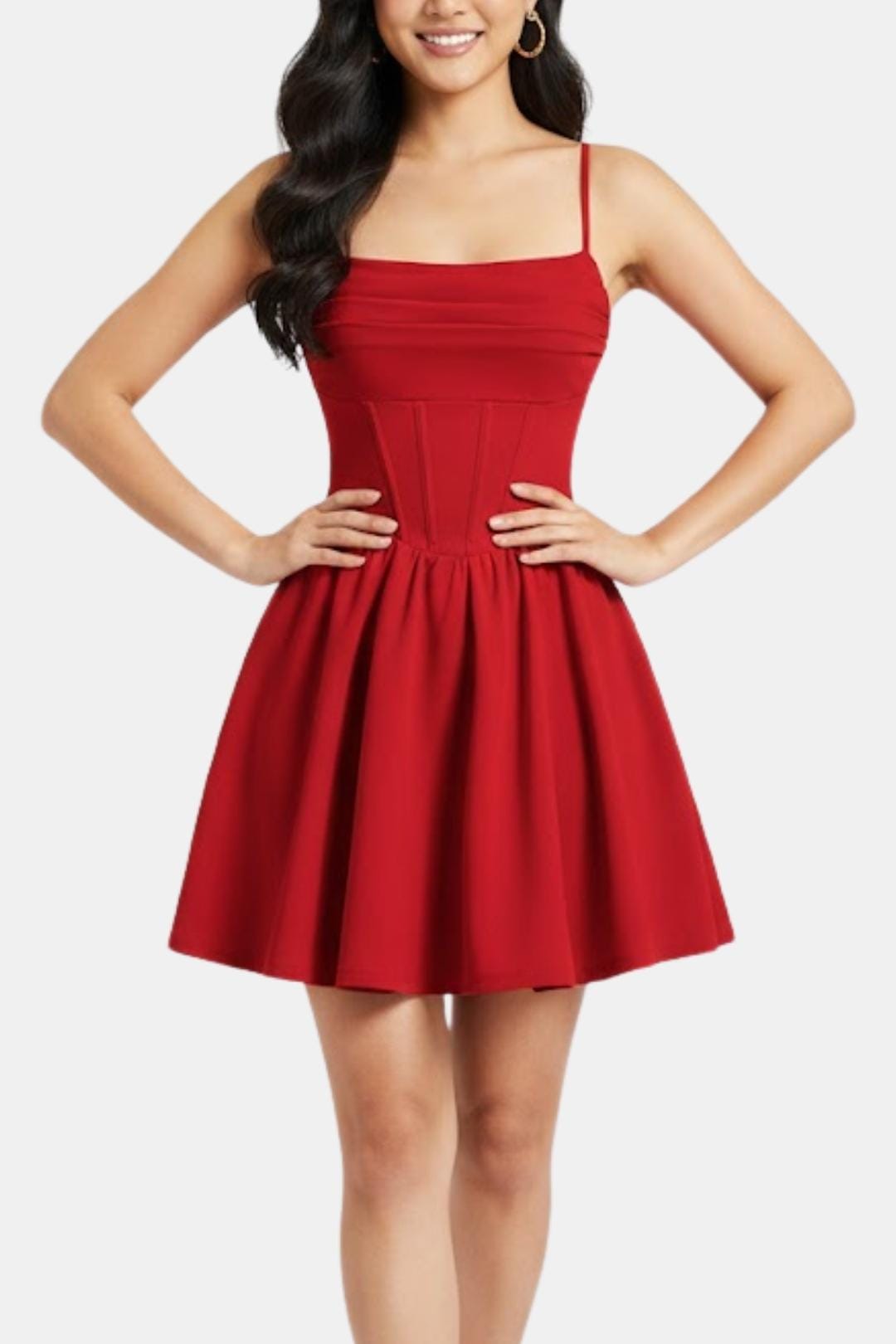 Ruched mini dress with smocked ruched bodice, flared skirt, red