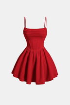 Ruched mini dress, spaghetti straps, flared skirt, red