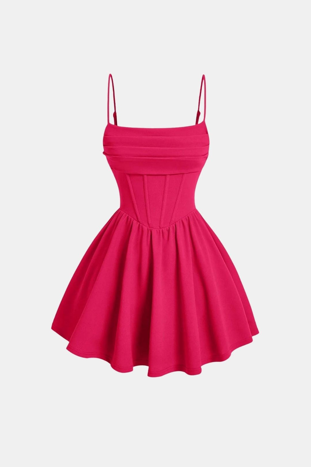 Ruched mini dress with spaghetti straps and flared skirt, hot pink