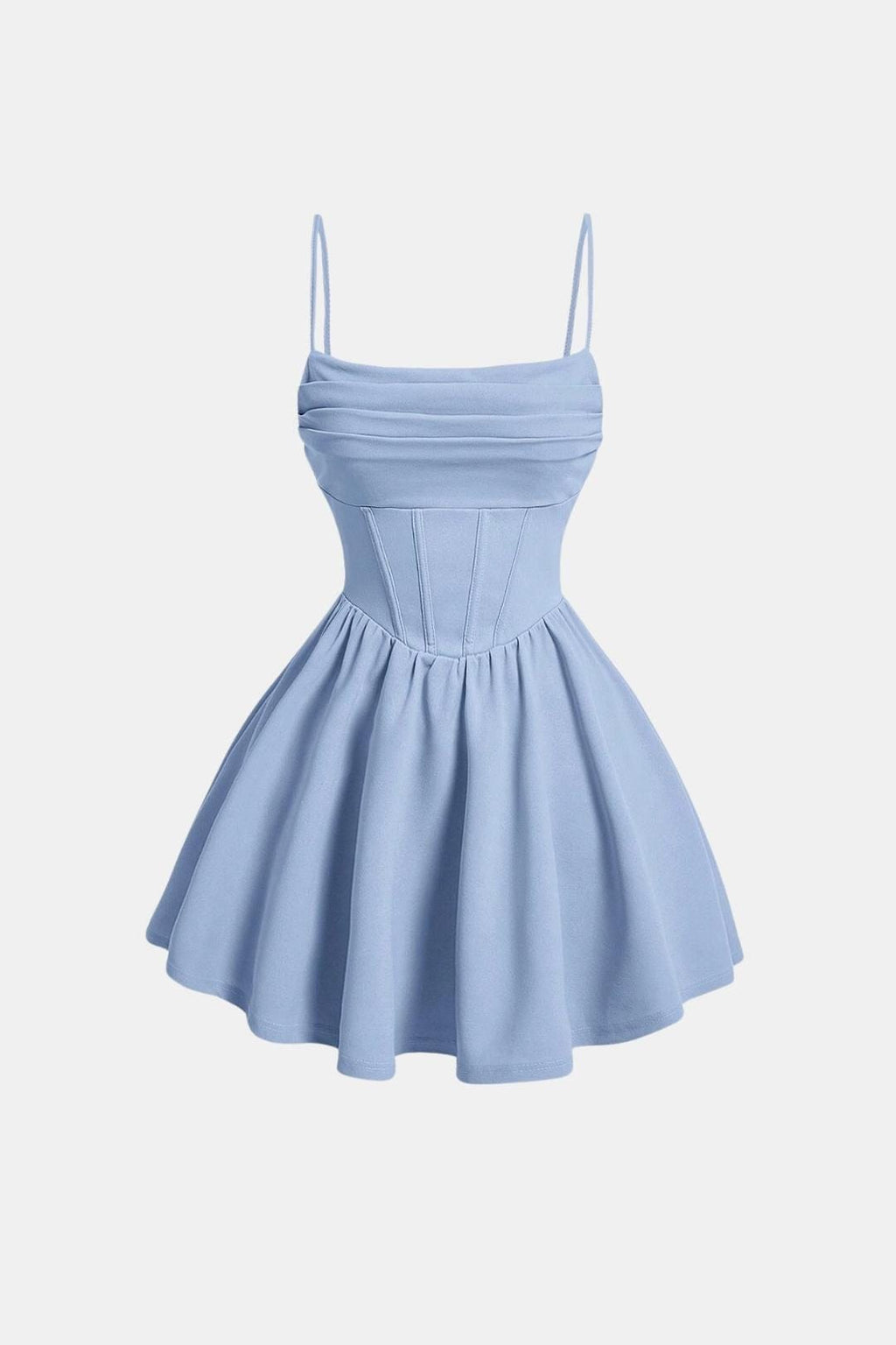 Ruched mini dress with spaghetti straps and flared skirt, light blue
