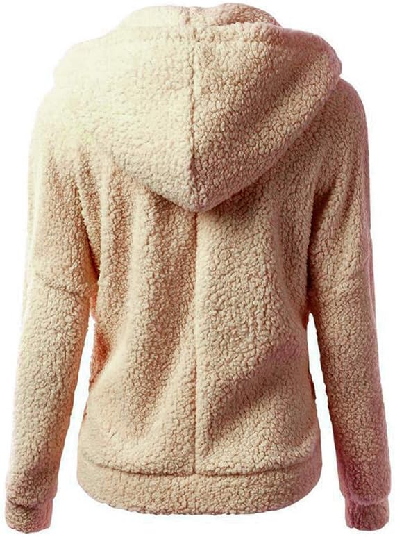Women's soft fleece zip hoodie, beige; back view with attached hood.
