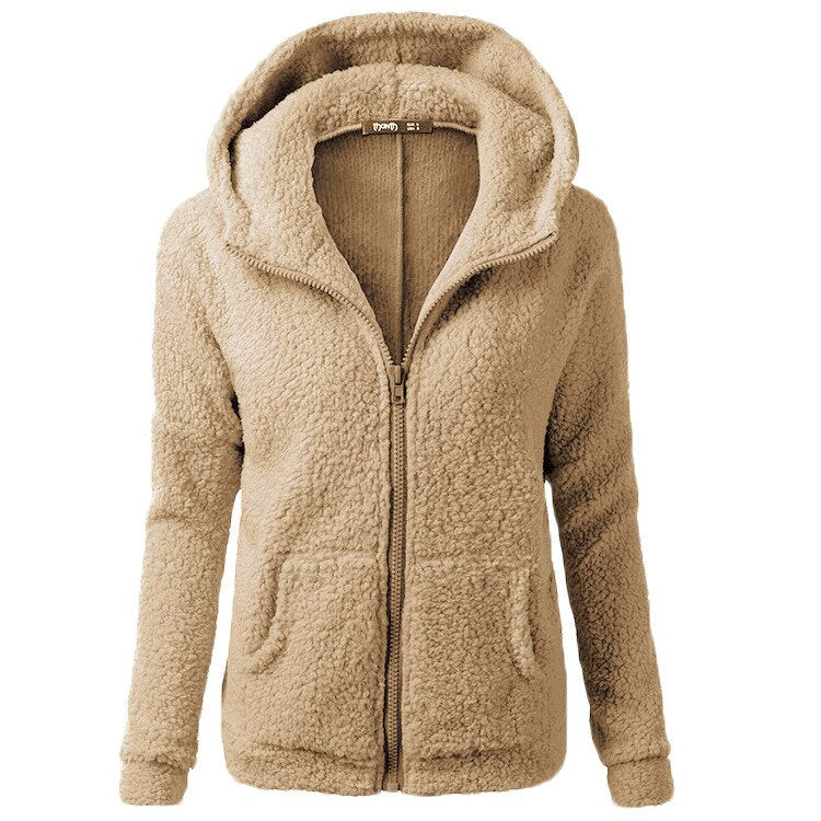 Soft fleece zip hoodie jacket with hood, tan textured pile