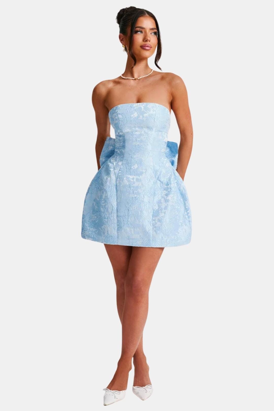 Light blue strapless mini dress with floral jacquard and bow-tie waist detail