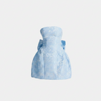 Light blue strapless mini dress with floral jacquard fabric and bow-tied waist