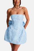 Light blue strapless mini dress with floral jacquard texture and flared skirt