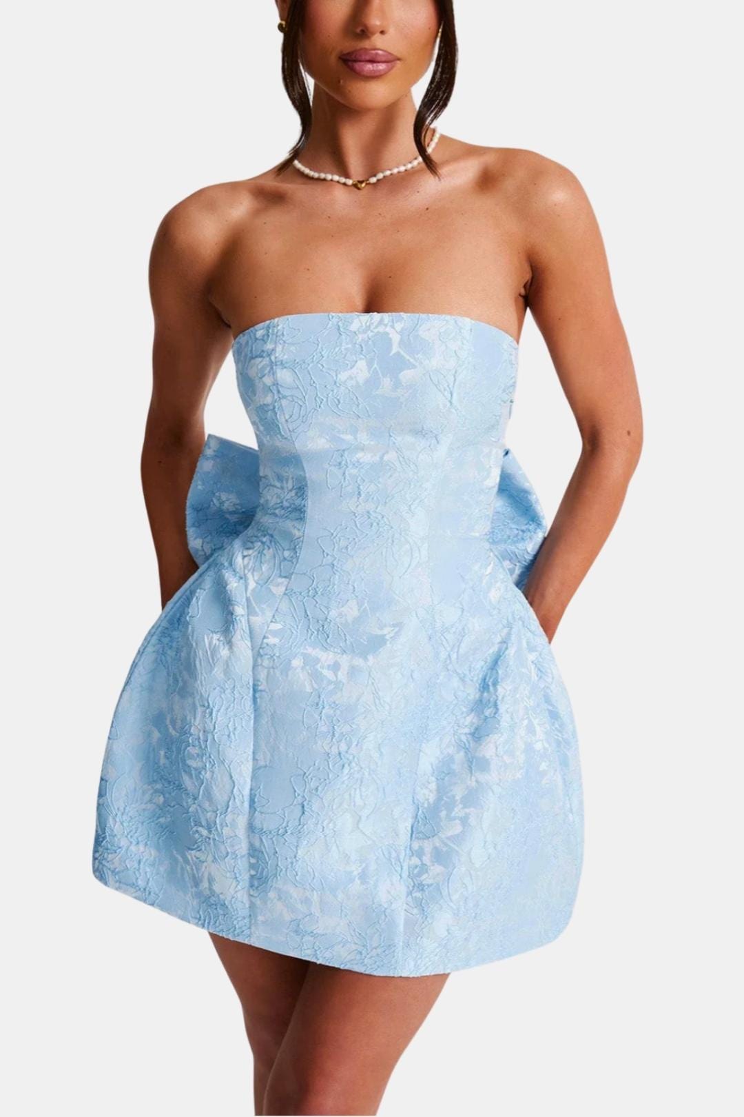 Light blue strapless mini dress with floral jacquard texture and flared skirt