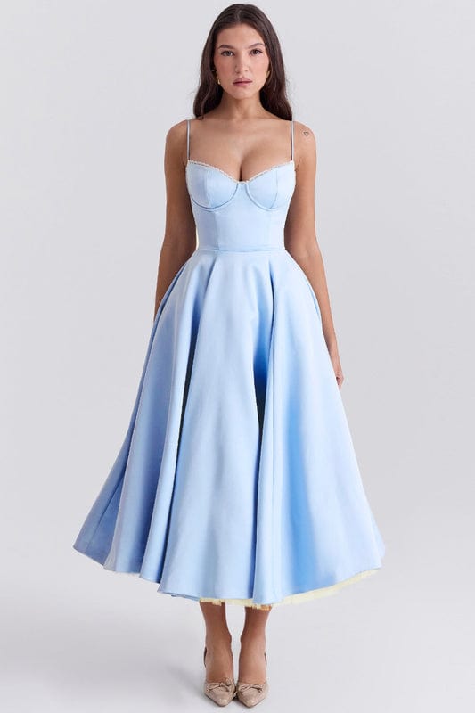 Light blue corset-style sleeveless midi dress with sweetheart bodice and gathered skirt
