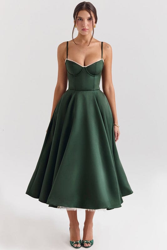 Green corset-style sleeveless midi dress with sweetheart neckline and pleated flared skirt