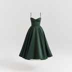 Green corset-style sleeveless midi dress with sweetheart bodice and flared skirt
