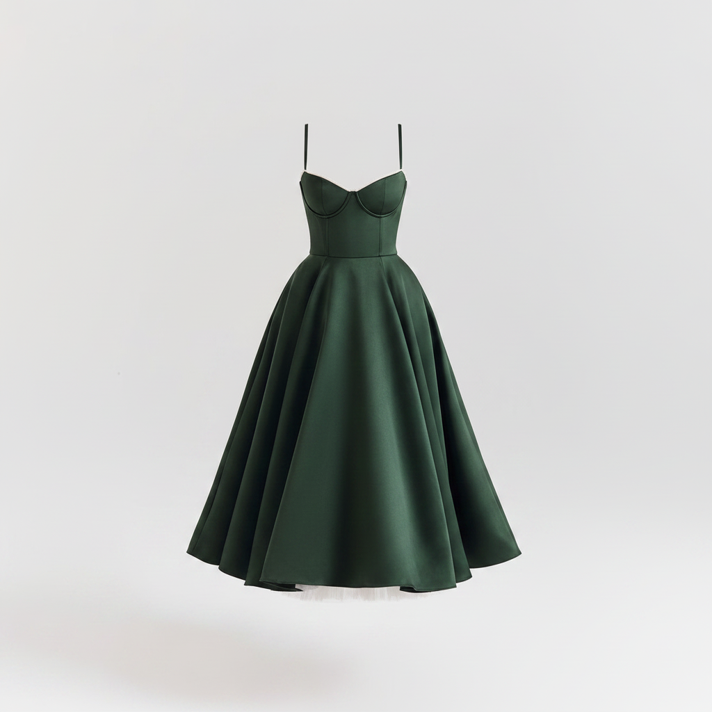Green corset-style sleeveless midi dress with sweetheart bodice and flared skirt