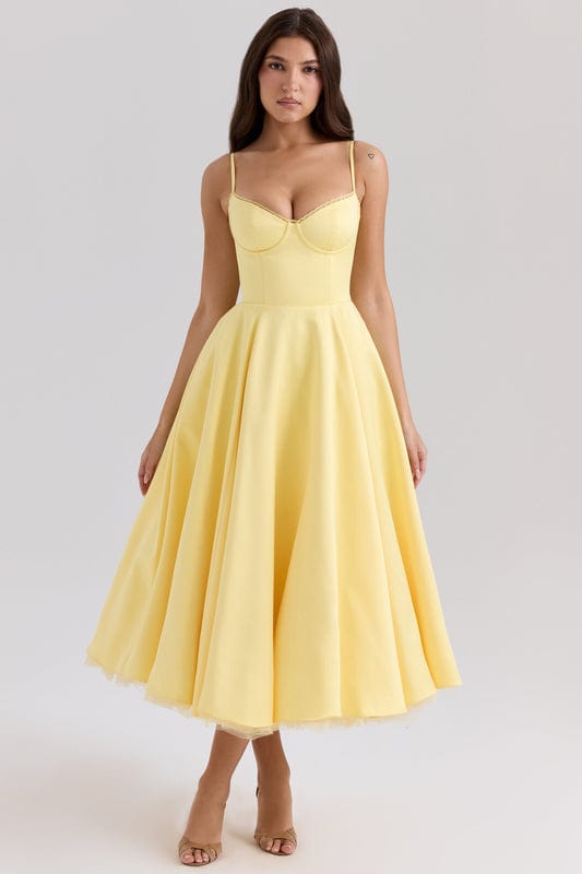 Yellow corset-style sleeveless midi dress with sweetheart neckline and flared pleated skirt