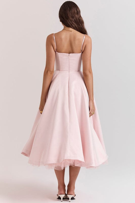 Pink corset-style sleeveless midi dress with fitted bodice and flared full skirt.
