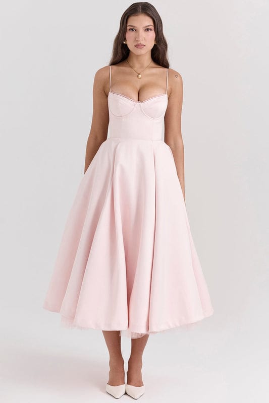 Pink corset-style sleeveless midi dress with sweetheart neckline and gathered full skirt