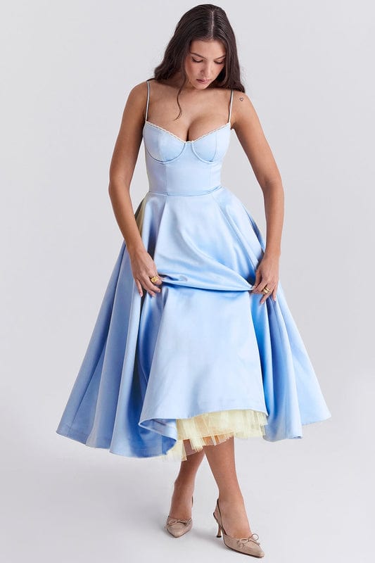 Light blue corset-style sleeveless midi dress with spaghetti straps and flared skirt.
