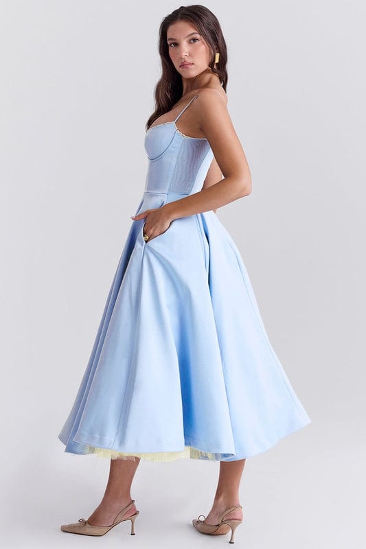 Light blue corset-style sleeveless midi dress with sweetheart neckline and full skirt.