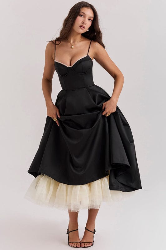 Black corset-style sleeveless midi dress with sweetheart bodice and flared skirt